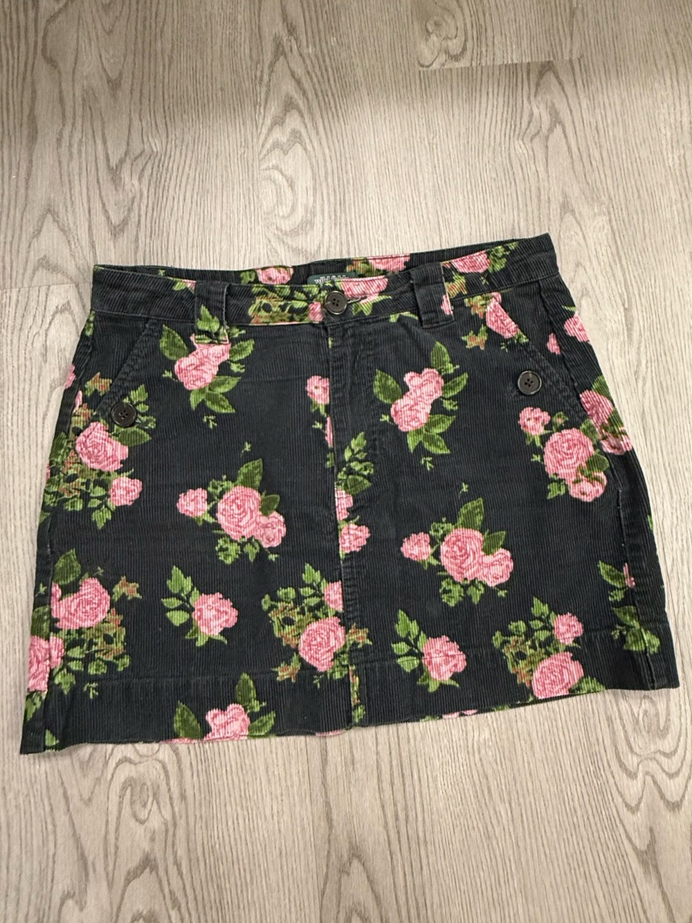 Floral Mini Skirt — Pink Rose Print on Forest Green